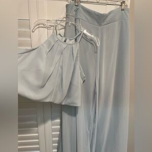 Azazie 2 piece dusty blue chiffon halter & Flowy pant size 14 wedding cocktail